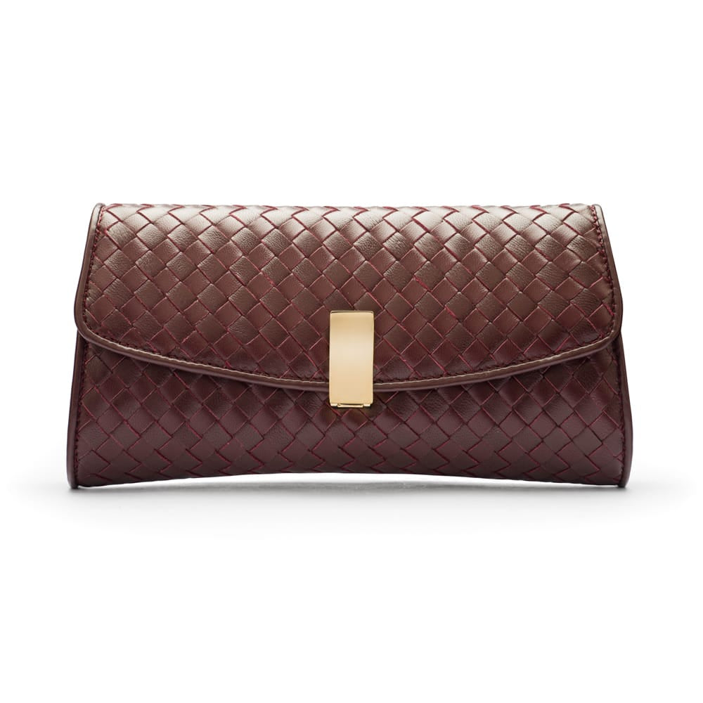 Woven leather clutch bag, burgundy, front
