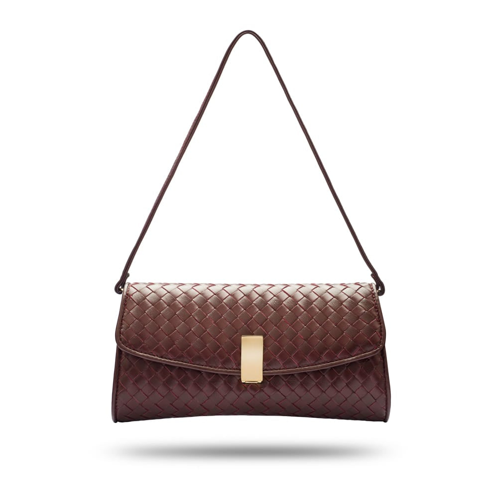 Woven leather clutch bag, burgundy, with short strap