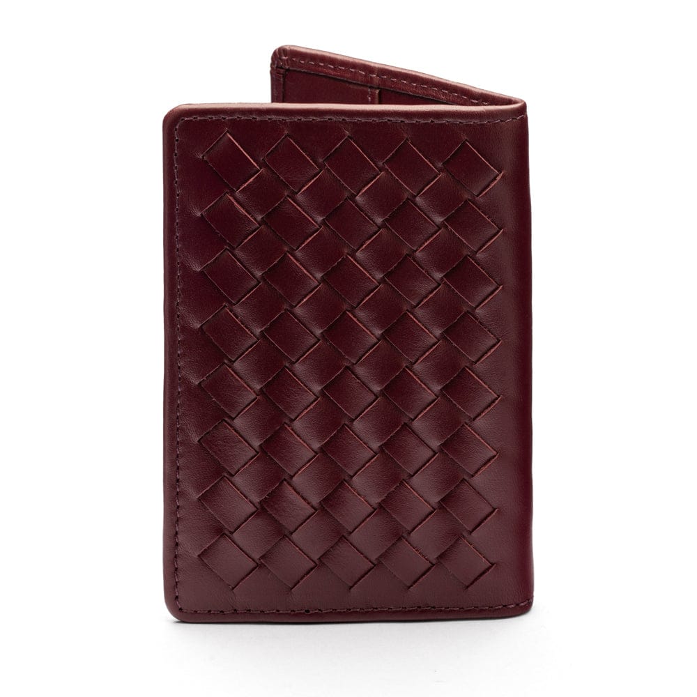 Woven leather card holder, burgundy, back