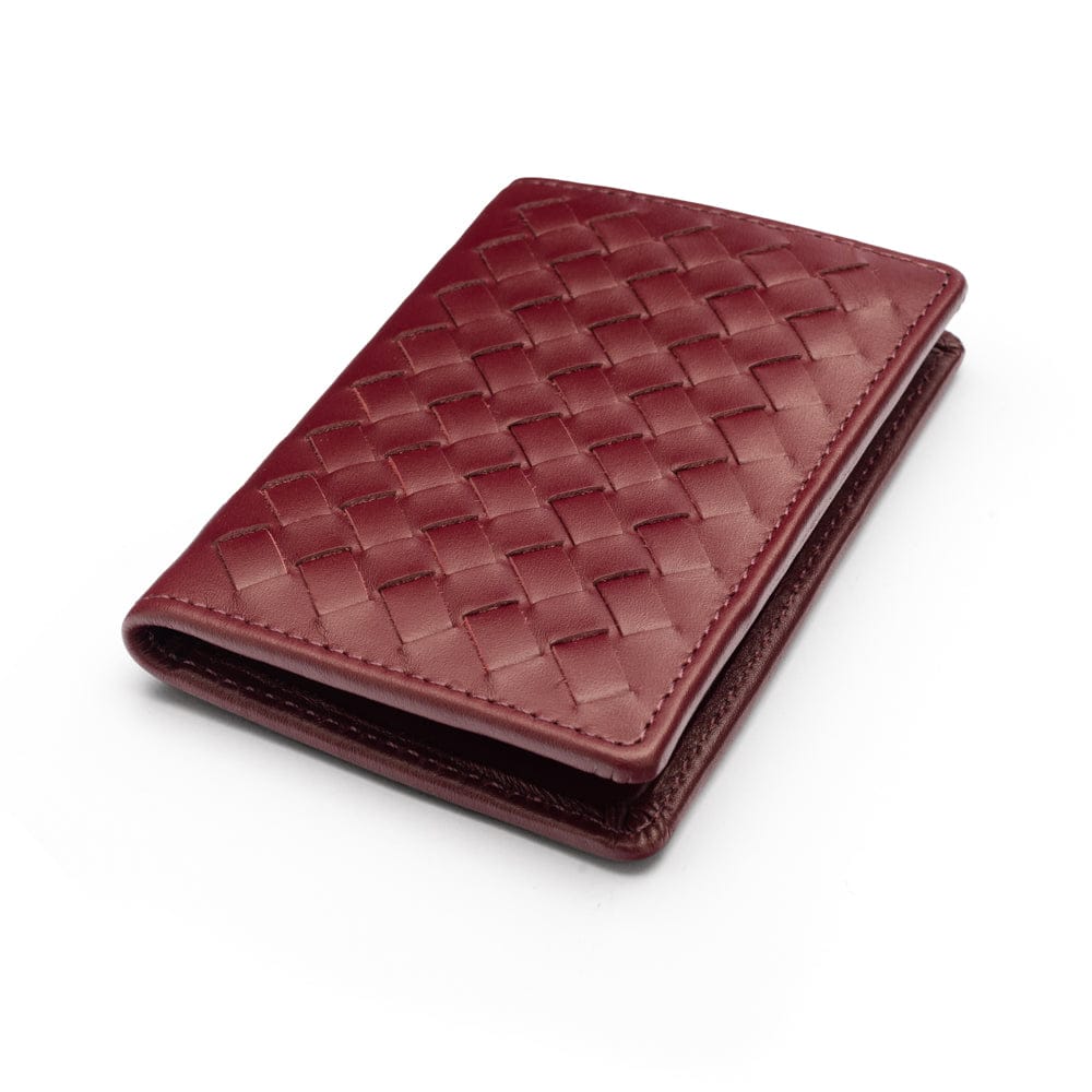 Woven leather card holder, burgundy, front