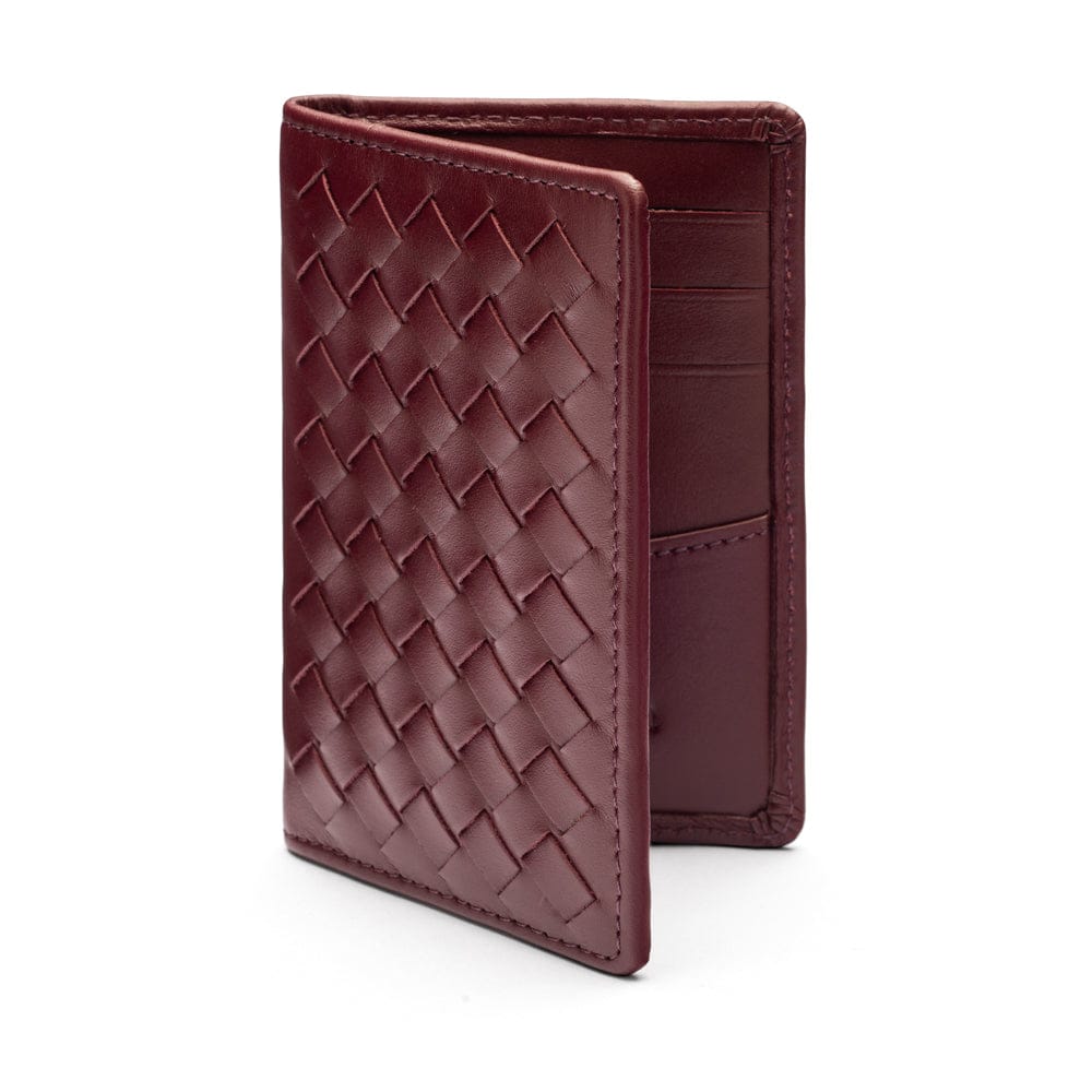 Woven leather card holder, burgundy, open