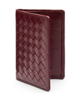 Woven leather card holder, burgundy, open