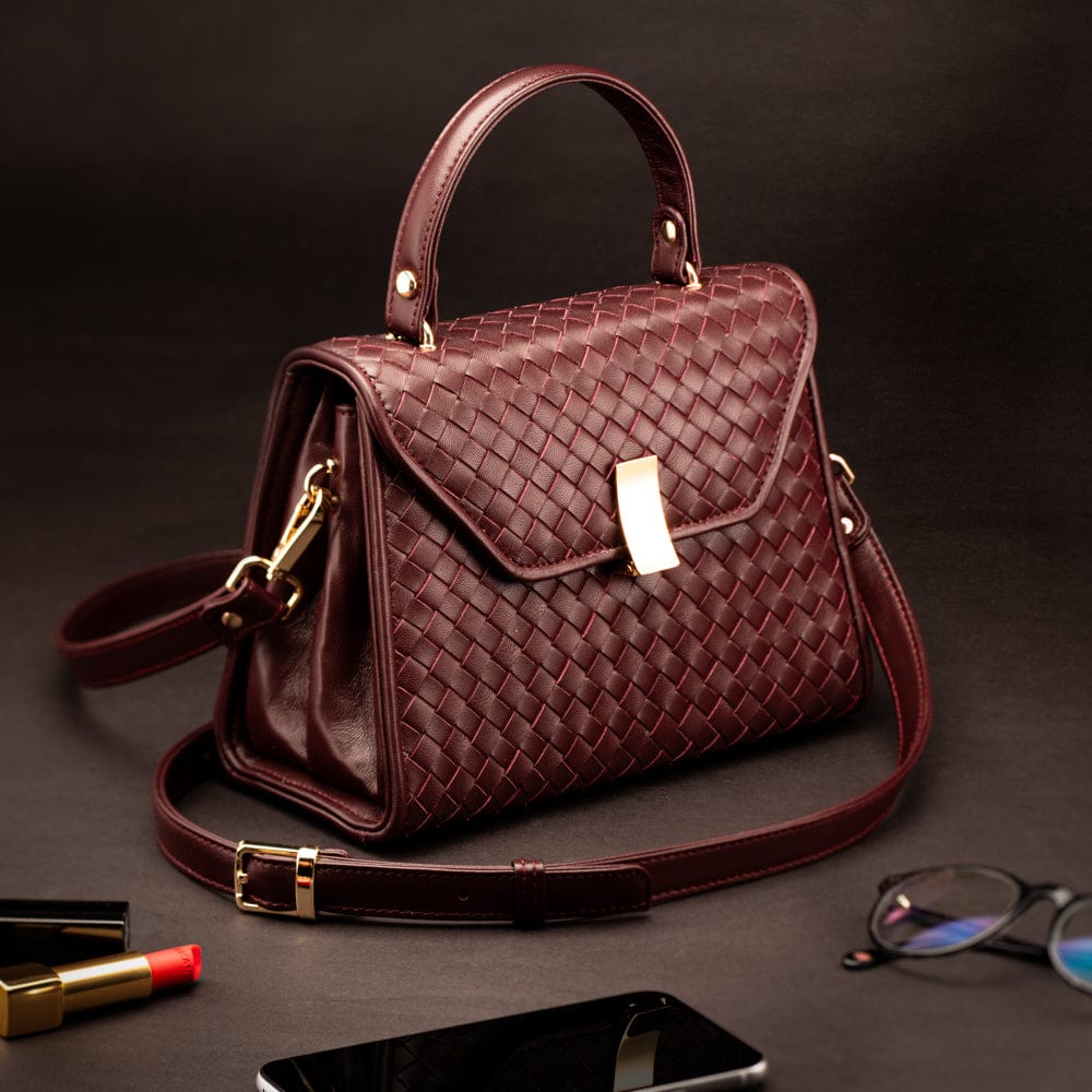 Woven leather Sabrina bag, burgundy, lifestyle