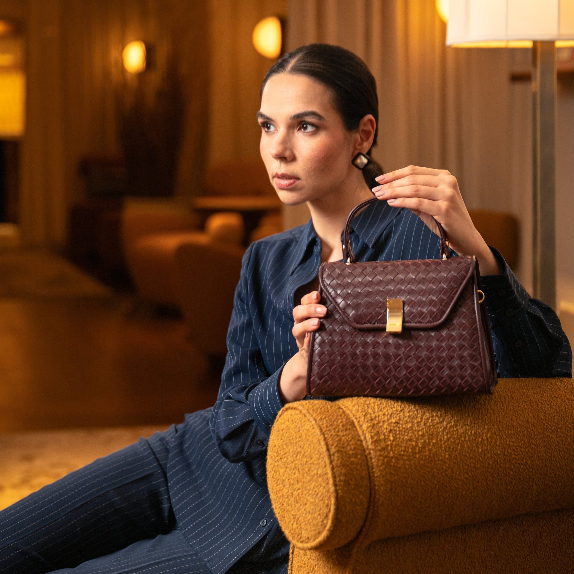 Woven leather Sabrina bag, burgundy, lifestyle