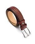 Woven leather belt for men, burnished dark tan