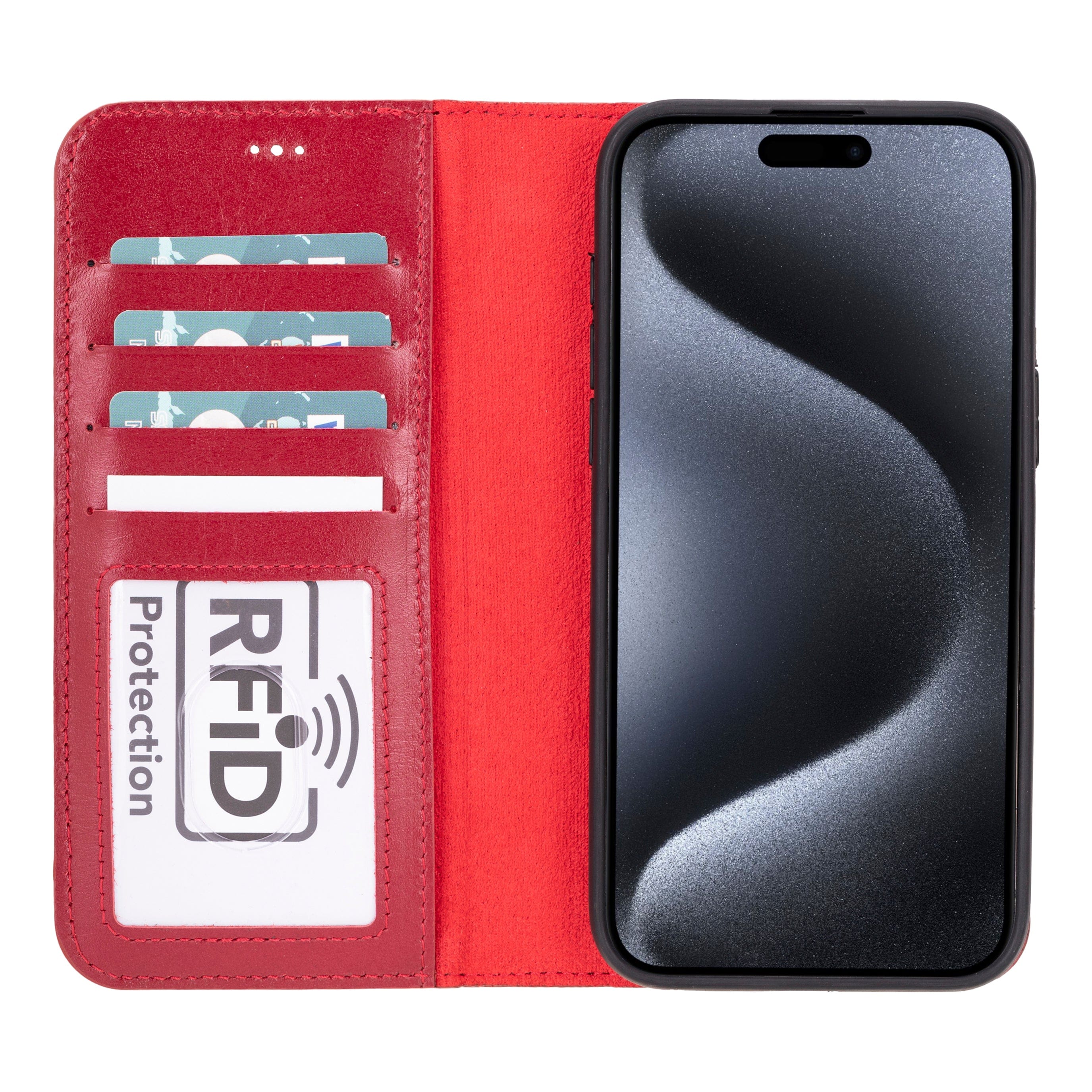 iPhone 15 Pro case in leather with RFID, burnished red, inside