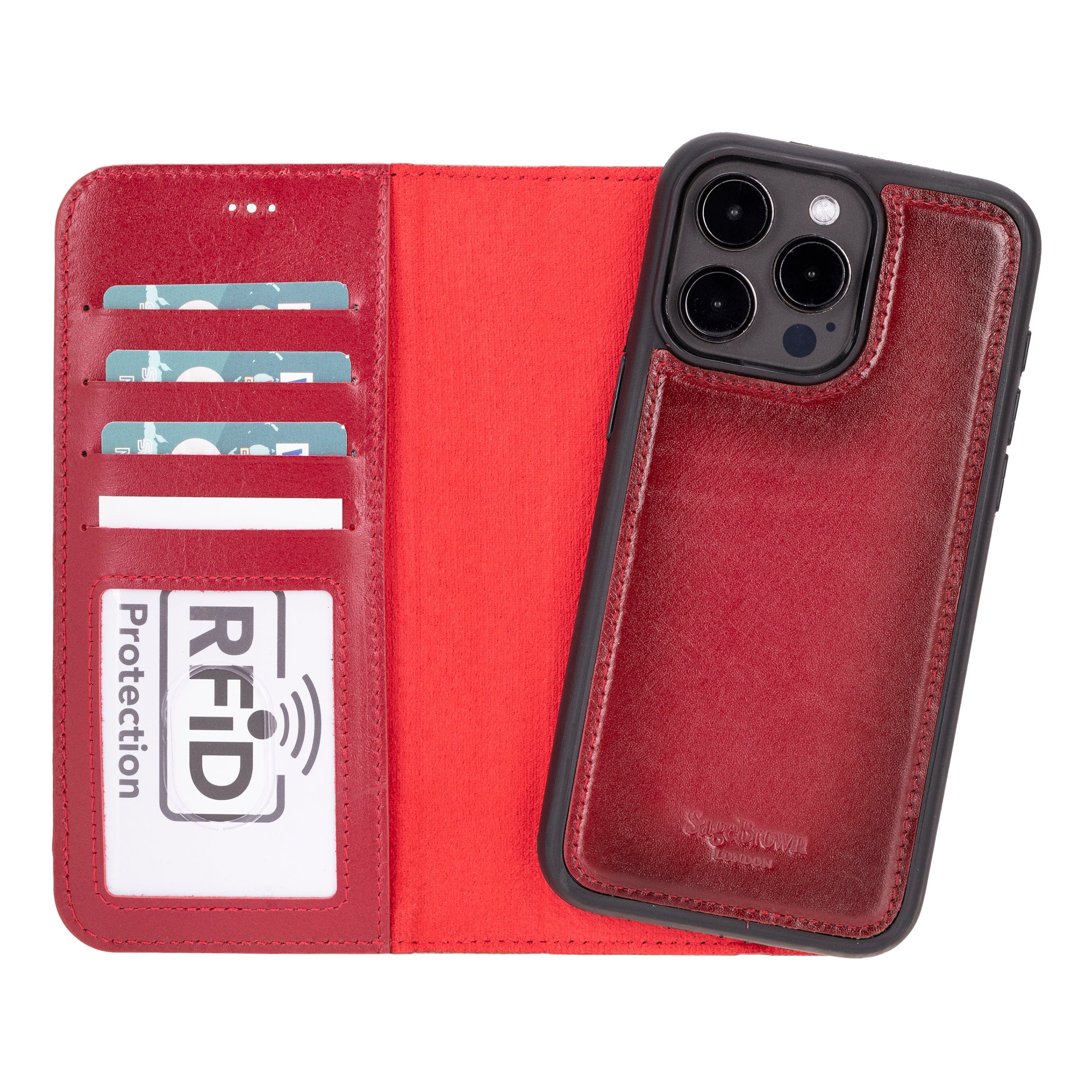 iPhone 15 Pro case in leather with RFID, burnished red, detachable cradle