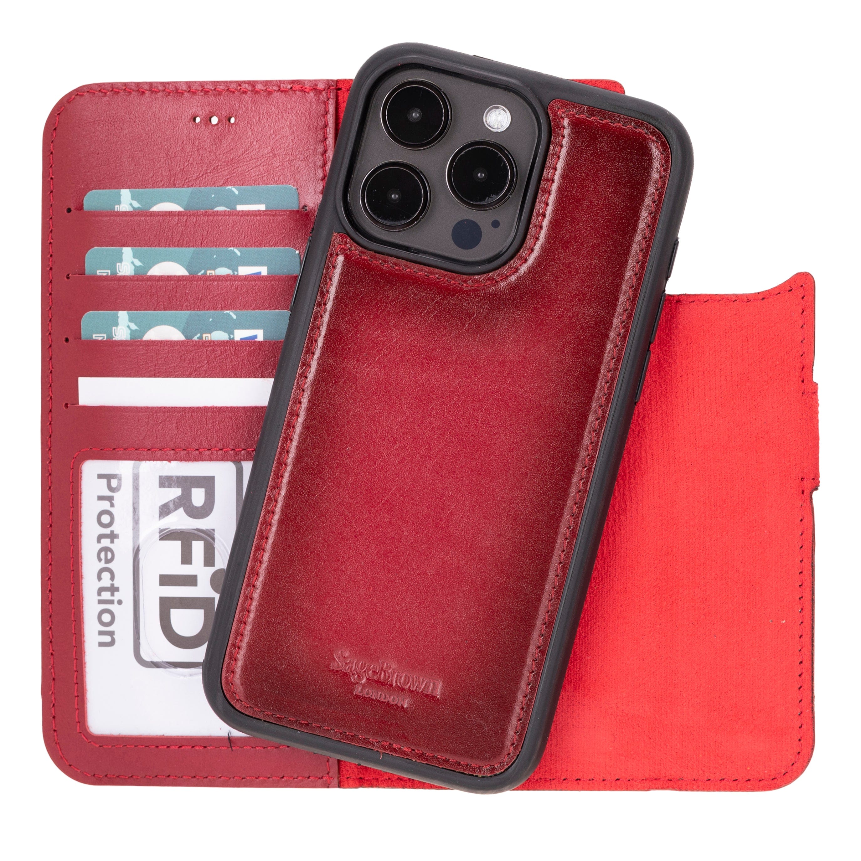 iPhone 15 Pro case in leather with RFID, burnished red