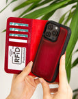 iPhone 15 Pro case in leather with RFID, burnished red, lifestyle view