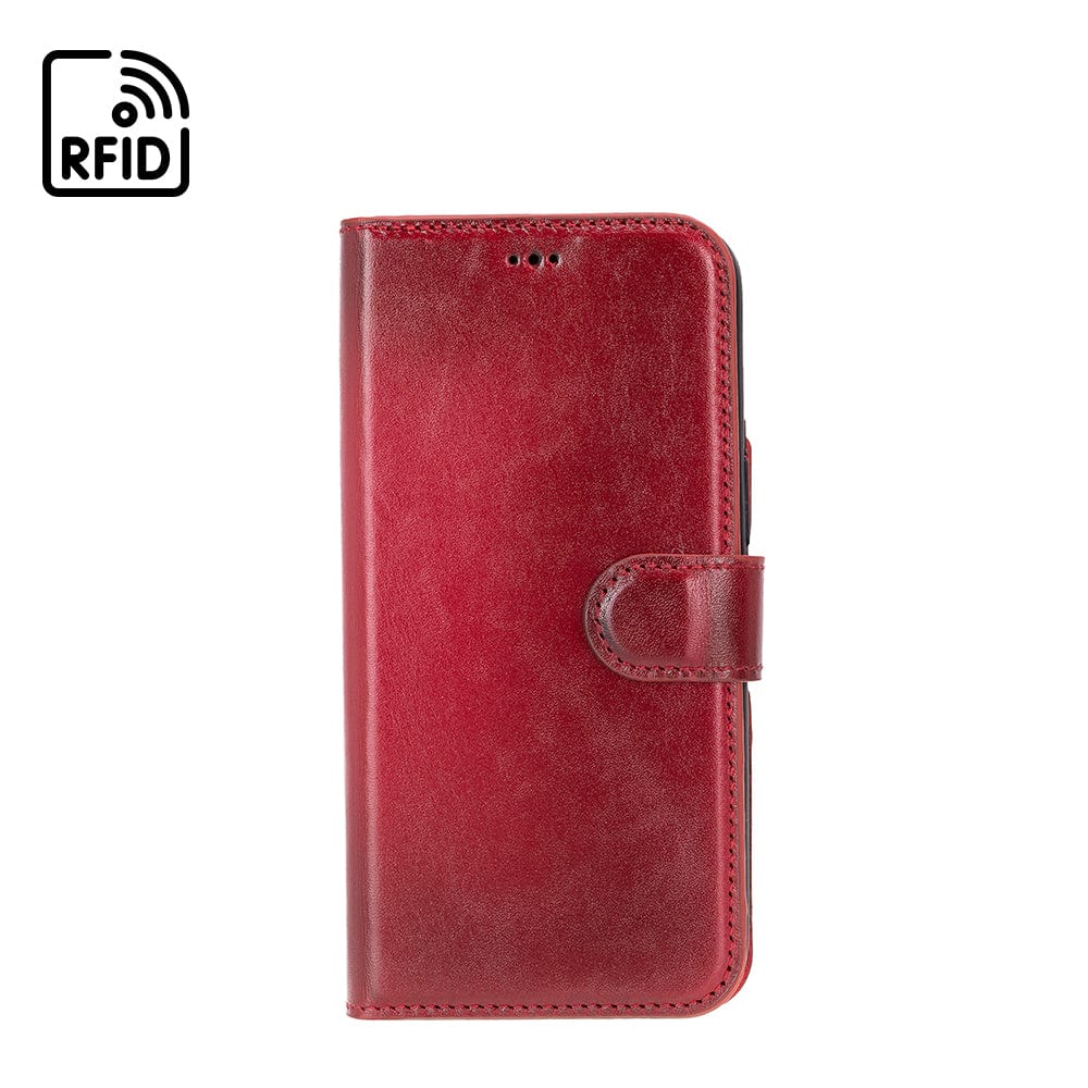 iPhone 15 Pro case in leather with RFID, burnished red, front