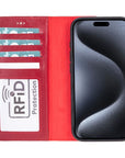 iPhone 15 Pro Max case in leather with RFID, burnished red, open