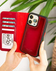 iPhone 15 Pro Max case in leather with RFID, burnished red, lifestyle view