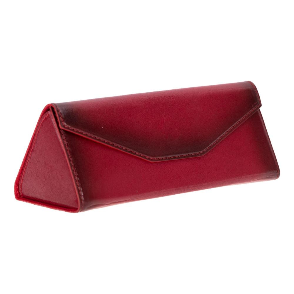 Triangular leather glasses case, burnished red, side front