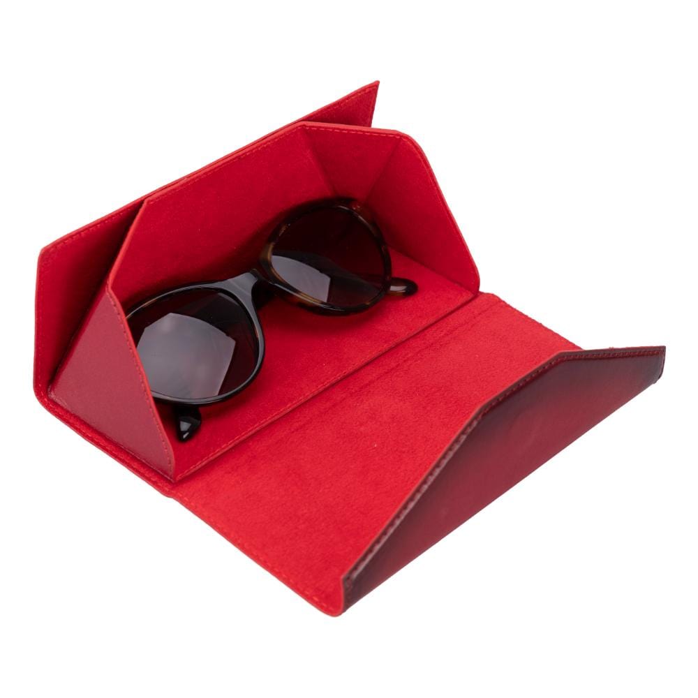 Triangular leather glasses case, burnished red, inside