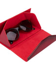 Triangular leather glasses case, burnished red, inside