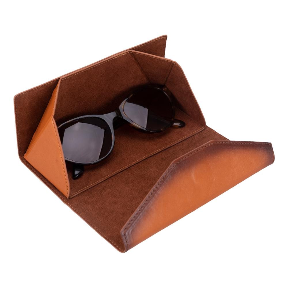Triangular leather glasses case, burnished tan, inside