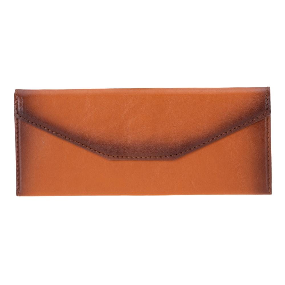 Triangular leather glasses case, burnished tan, front