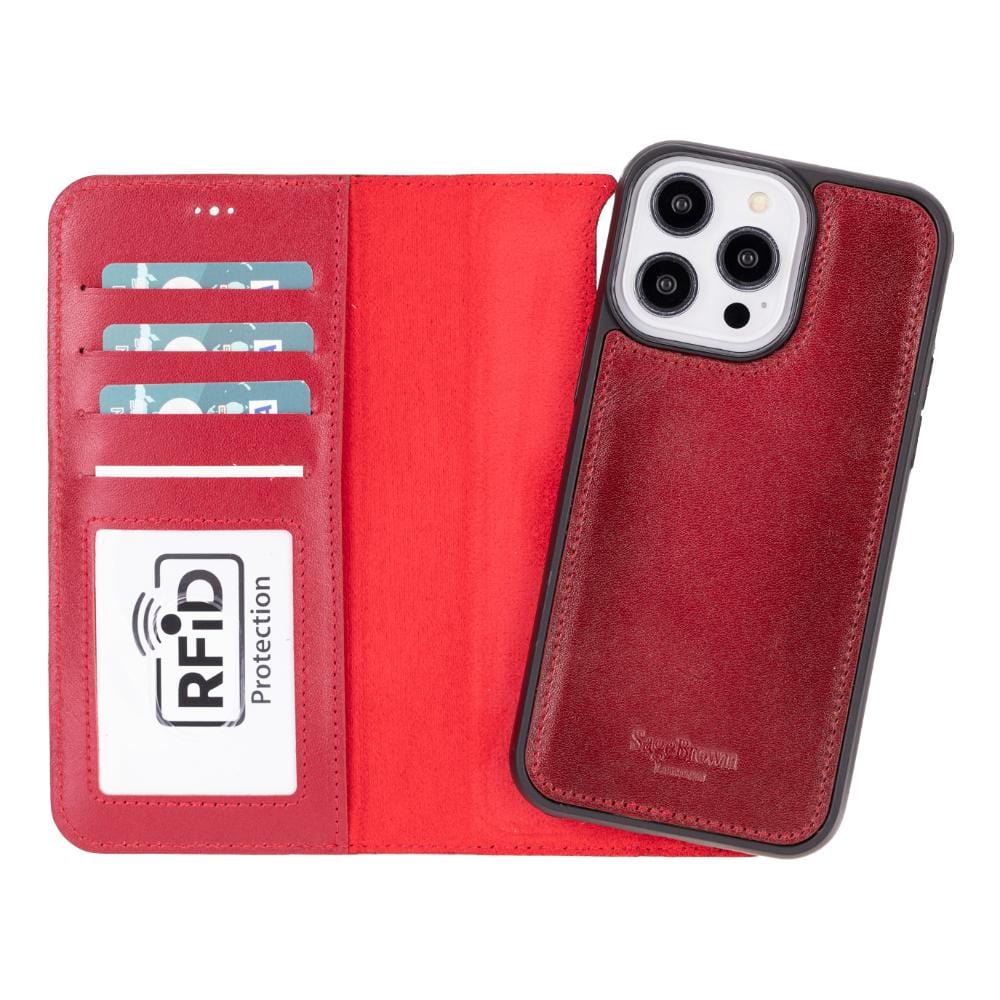 iPhone 14 Pro Max case with RFID protection, burnished red, detachable phone cradle