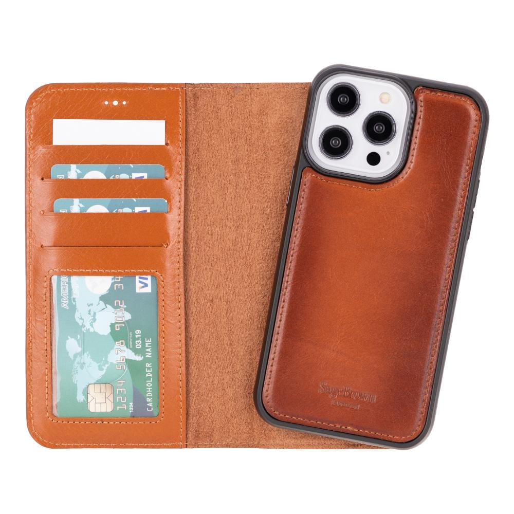 iPhone 14 Pro Max case with RFID, burnished tan, detachable phone cradle