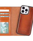 iPhone 14 Pro Max case with RFID, burnished tan, detachable phone cradle