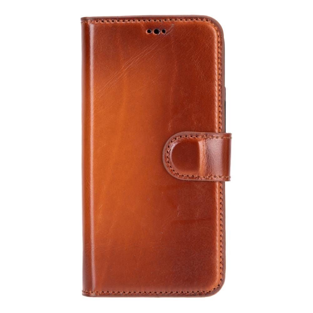 iPhone 15 case in leather with RFID - burnished tan, front
