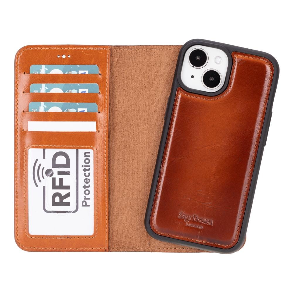 iPhone 15 case in leather with RFID - burnished tan, with detachable cradle