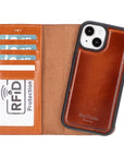 iPhone 15 case in leather with RFID - burnished tan, with detachable cradle