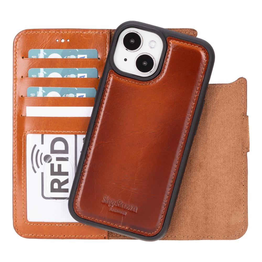 iPhone 15 case in leather with RFID - burnished tan