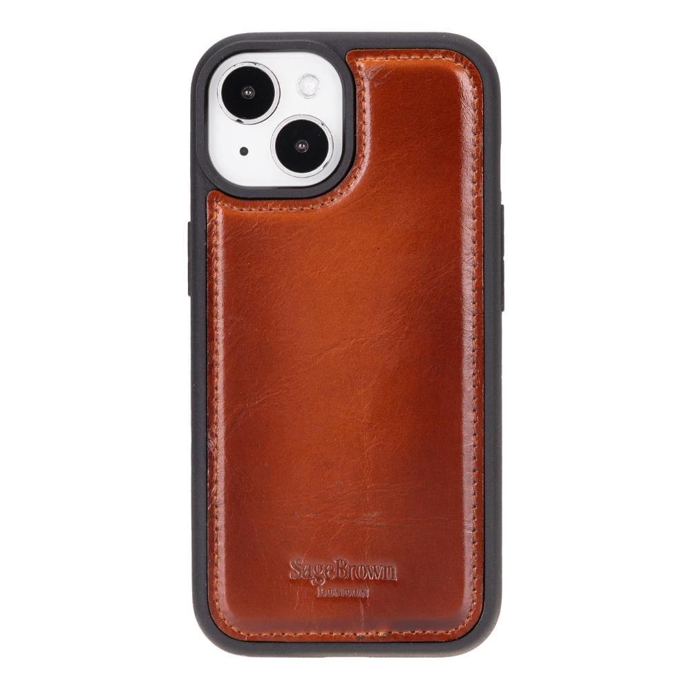 iPhone 15 case in leather with RFID - burnished tan, back cover