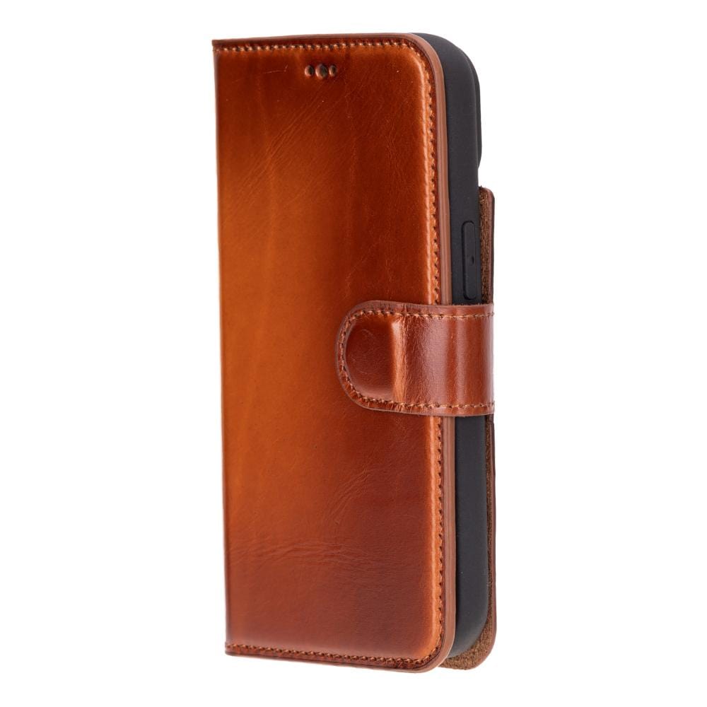 iPhone 15 case in leather with RFID - burnished tan, side