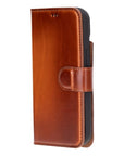 iPhone 15 case in leather with RFID - burnished tan, side