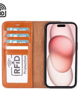 iPhone 15 case in leather with RFID, tan, inside