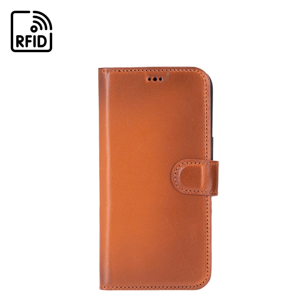 iPhone 15 Pro case in leather with RFID, burnished tan, front