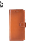 iPhone 15 Pro case in leather with RFID, burnished tan, front