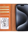 iPhone 15 Pro Max case in leather with RFID protection, burnished tan, open