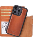 iPhone 15 Pro Max case in leather with RFID protection, burnished tan, detachable cradle