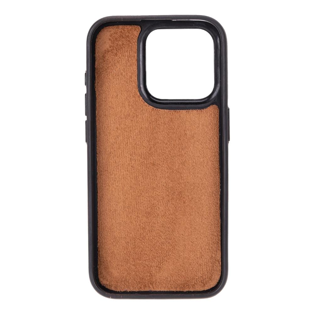 iPhone 15 Pro Max case in leather with RFID protection, burnished tan, inside back cover