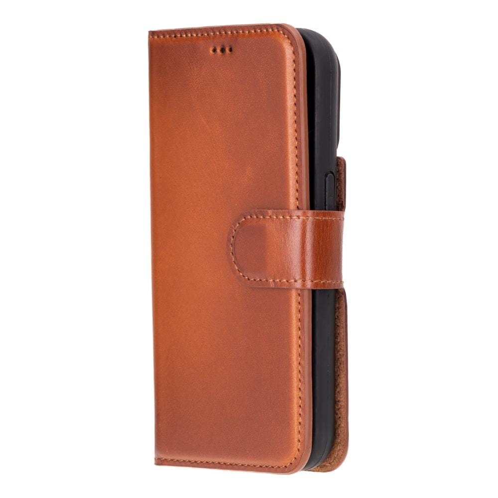 iPhone 15 Pro Max case in leather with RFID protection, burnished tan, side view