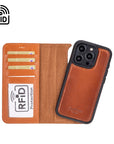 iPhone 15 Pro Max case in eather with RFID, burnished tan, inside