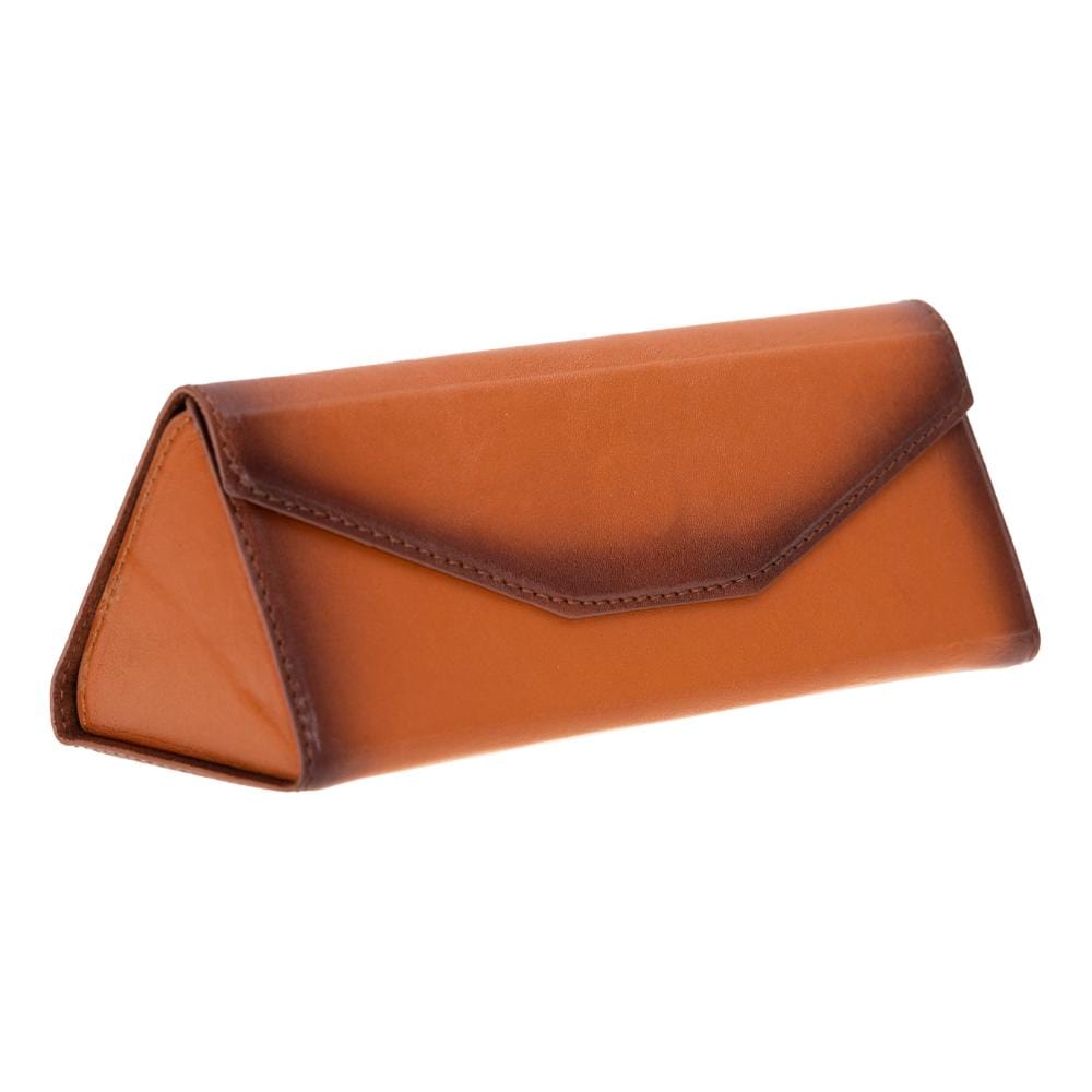 Triangular leather glasses case, burnished tan, side front
