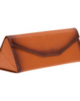 Triangular leather glasses case, burnished tan, side front