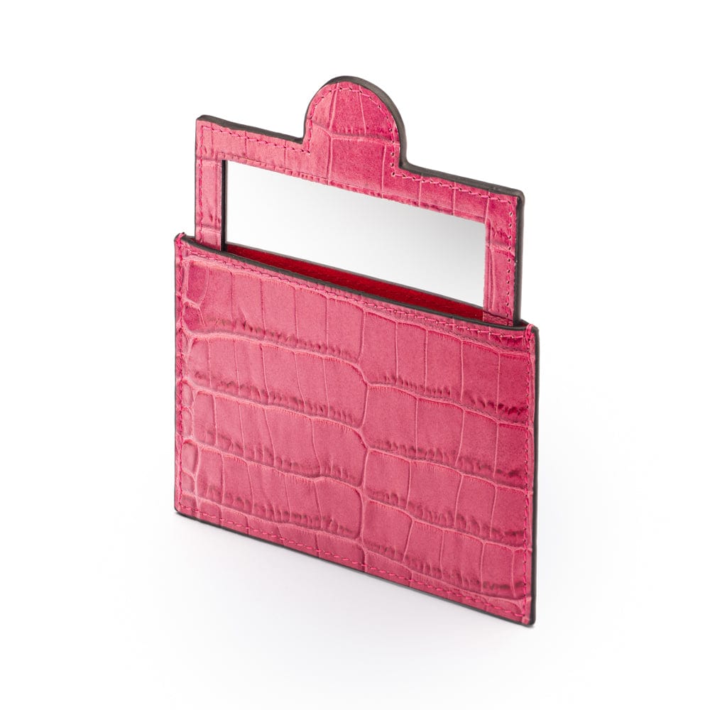 Compact leather mirror, cerise pink croc, side