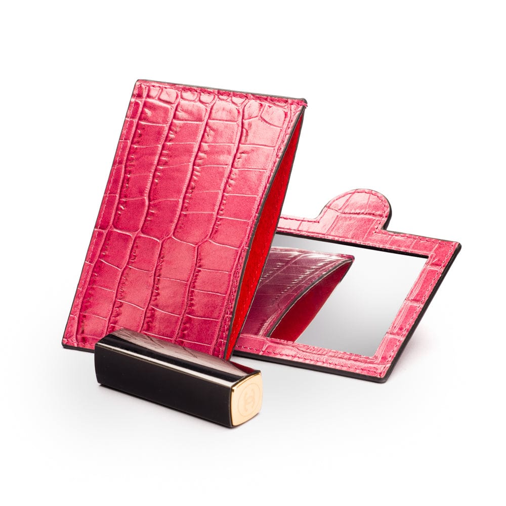 Compact leather mirror, cerise pink croc