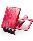 Compact leather mirror, cerise pink croc