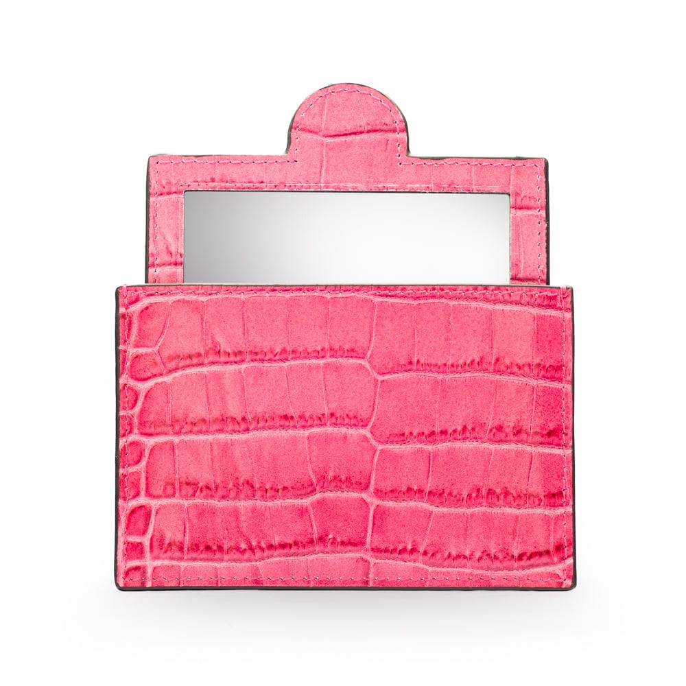 Compact leather mirror, cerise pink croc, front