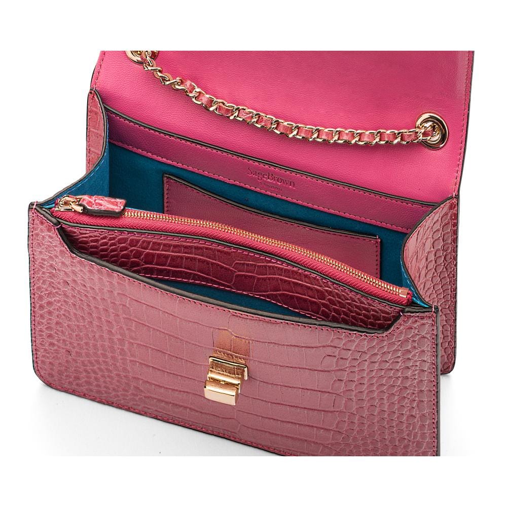 Leather chain bag, cerise pink croc, inside