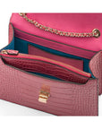 Leather chain bag, cerise pink croc, inside