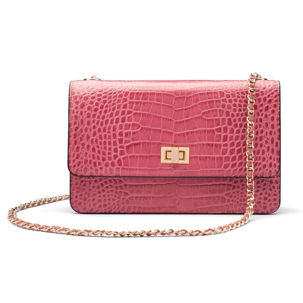 Leather chain bag, cerise pink croc, front