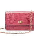 Leather chain bag, cerise pink croc, front