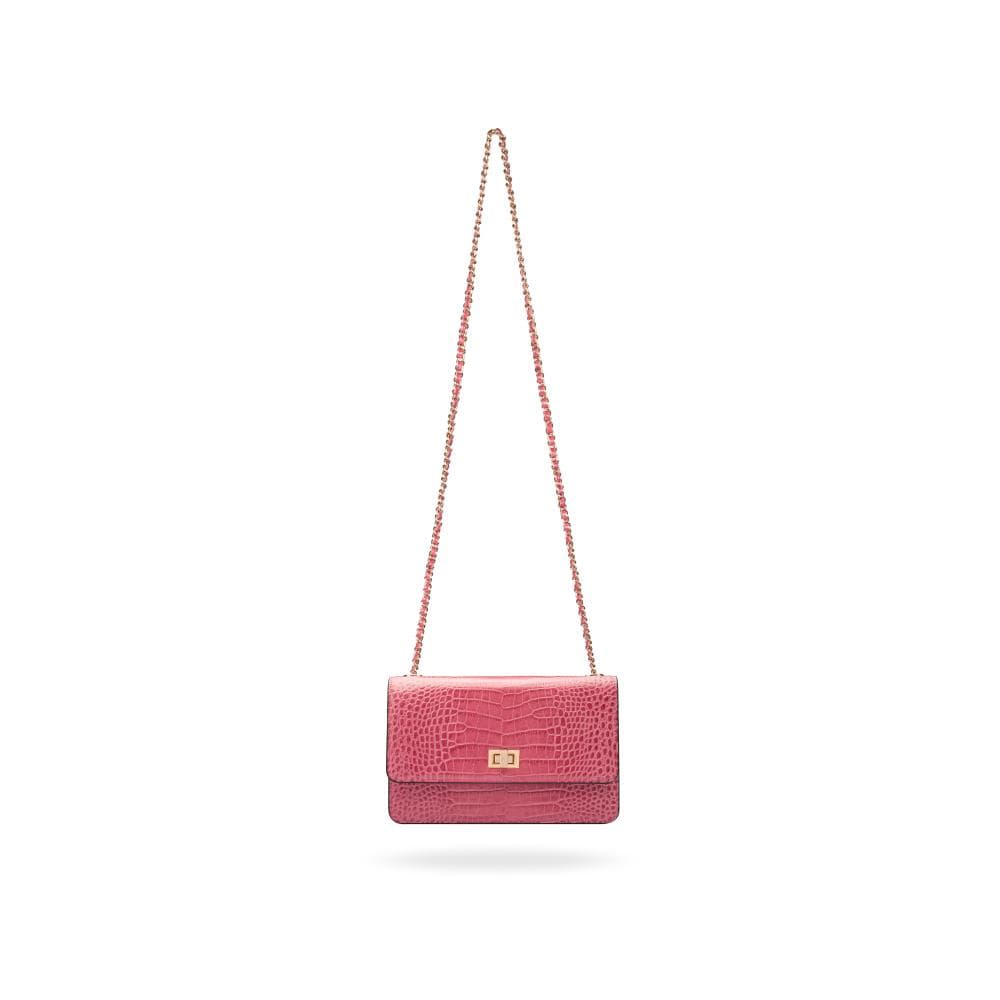 Leather chain bag, cerise pink croc, with strap